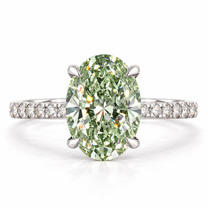 Green Oval Cut Lab Grown Diamond Engagement Ring - Thin Pave Band in white gold, front view