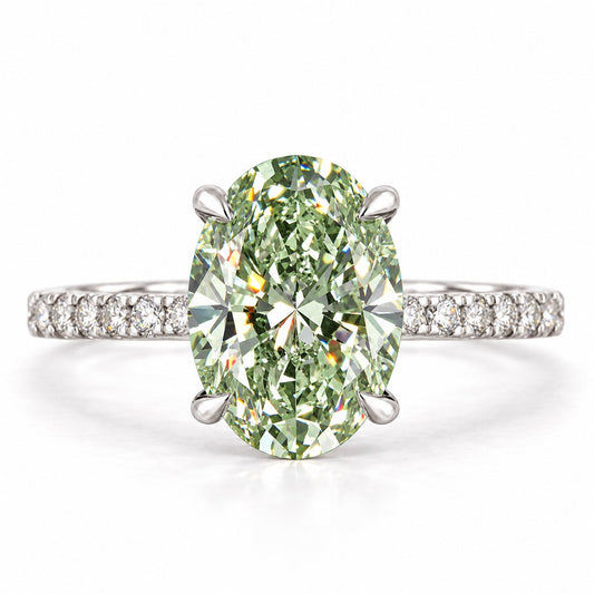 Green Oval Cut Lab Grown Diamond Engagement Ring - Thin Pave Band in white gold, front view