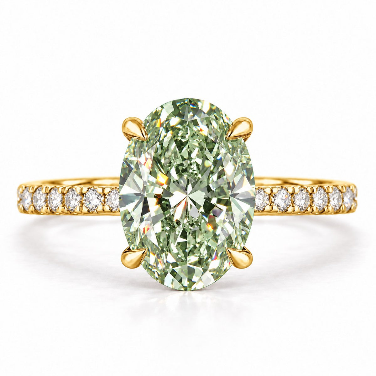 Green Oval Cut Lab Grown Diamond Engagement Ring - Thin Pave Band in yellow gold, front view
