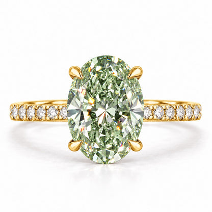 Green Oval Cut Lab Grown Diamond Engagement Ring - Thin Pave Band in yellow gold, front view