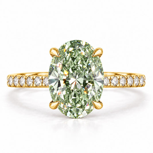 Green Oval Cut Lab Grown Diamond Engagement Ring - Thin Pave Band in yellow gold, front view