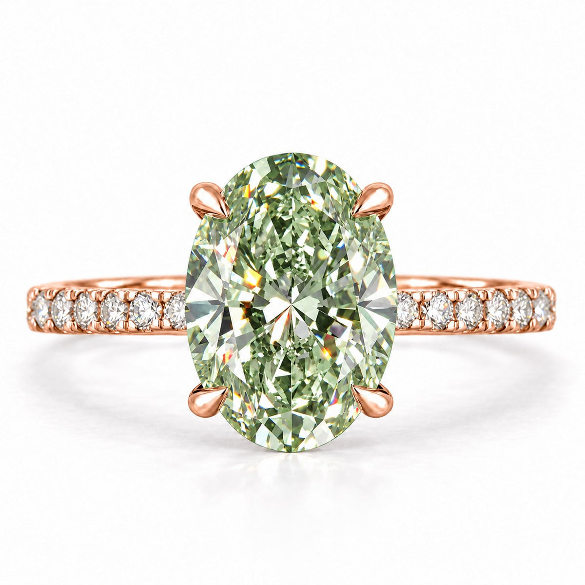 Green Oval Cut Lab Grown Diamond Engagement Ring - Thin Pave Band in rose gold, front view