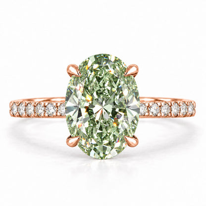 Green Oval Cut Lab Grown Diamond Engagement Ring - Thin Pave Band in rose gold, front view