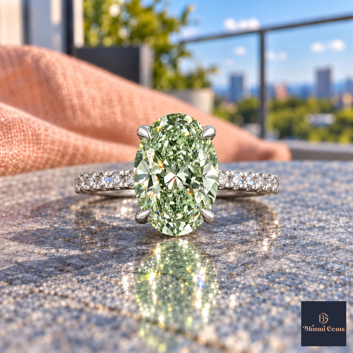 Green Oval Cut Lab Grown Diamond Engagement Ring - Thin Pave Band in white gold, close-up