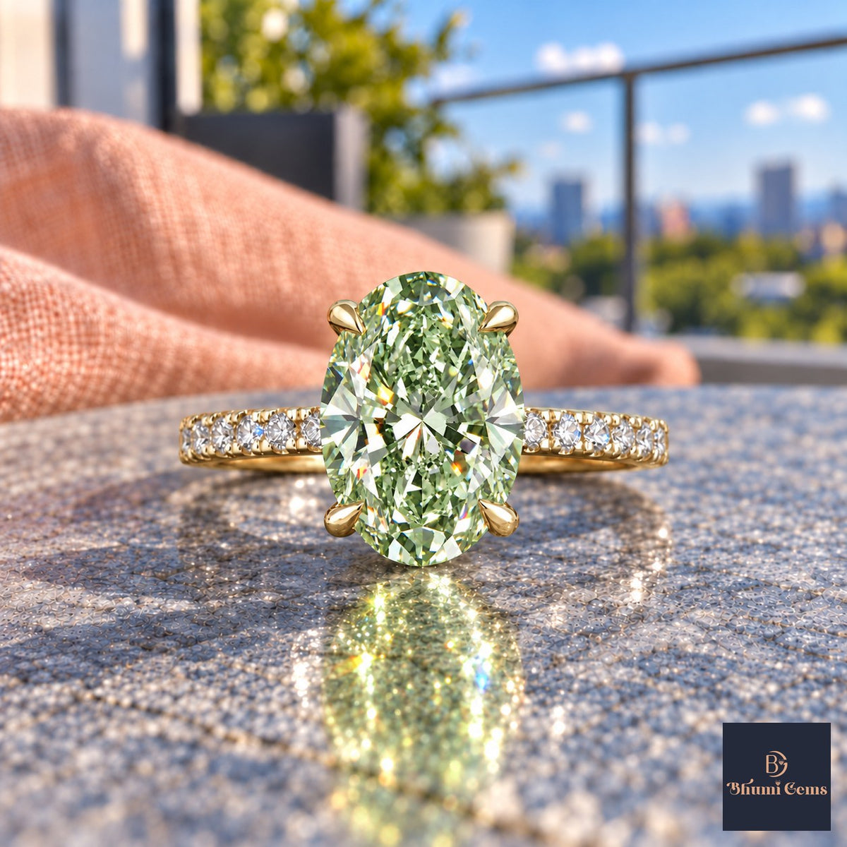 Green Oval Cut Lab Grown Diamond Engagement Ring - Thin Pave Band in yellow gold, close-up