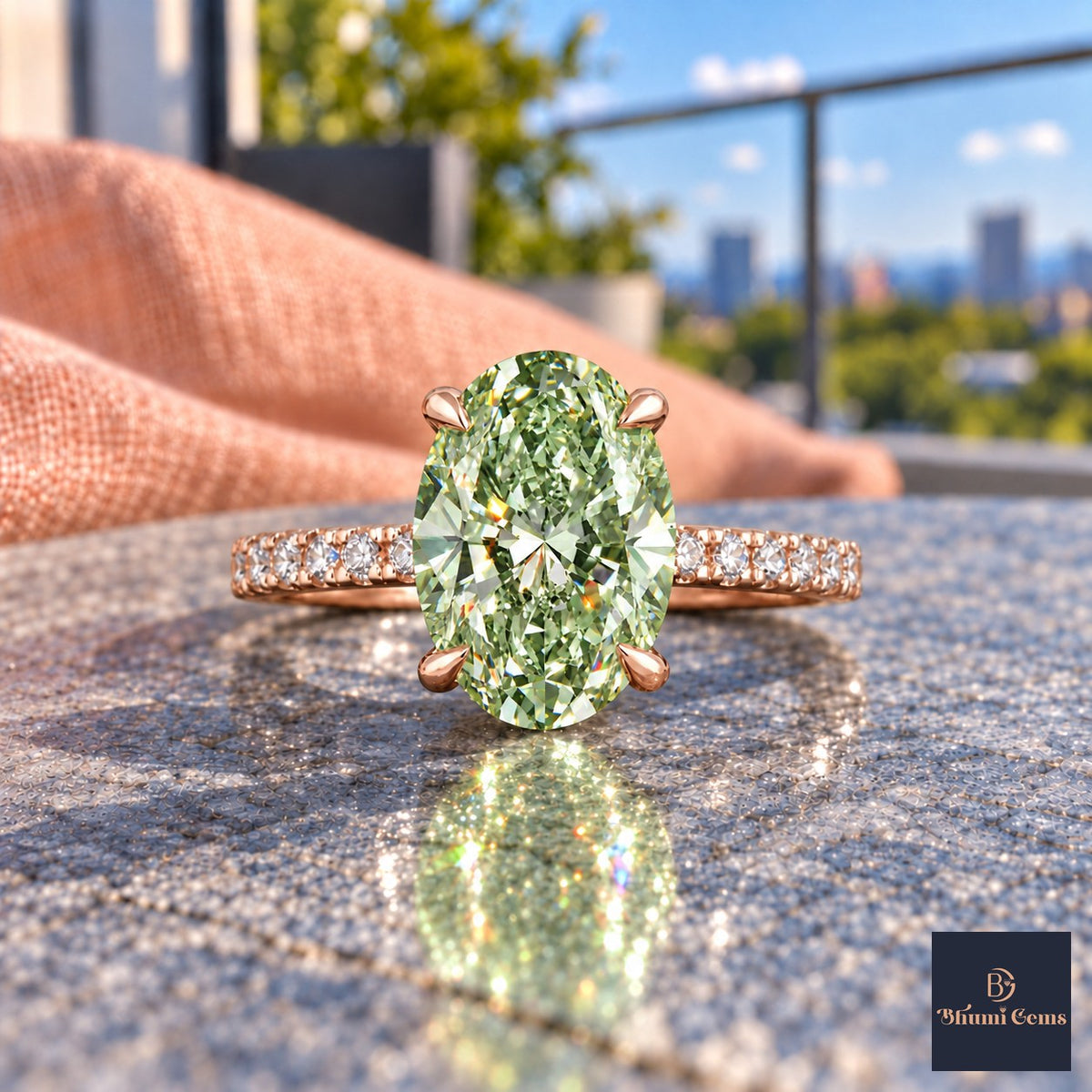 Green Oval Cut Lab Grown Diamond Engagement Ring - Thin Pave Band in rose gold, close-up