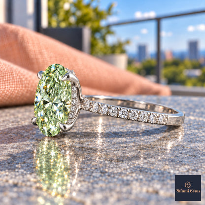 Green Oval Cut Lab Grown Diamond Engagement Ring - Thin Pave Band in white gold, side view