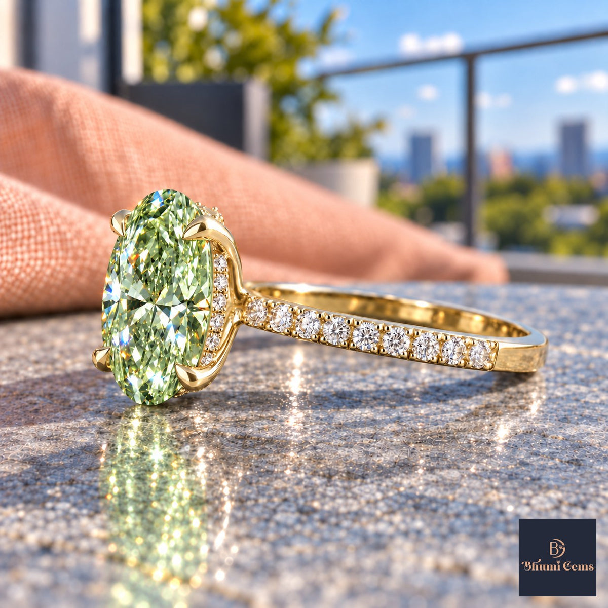 Green Oval Cut Lab Grown Diamond Engagement Ring - Thin Pave Band in yellow gold, side view