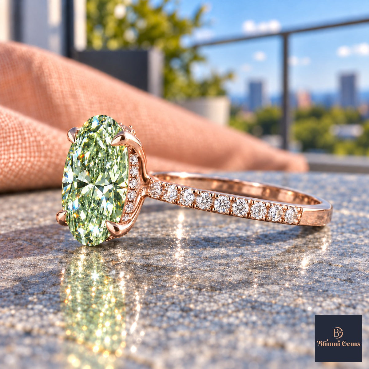 Green Oval Cut Lab Grown Diamond Engagement Ring - Thin Pave Band in rose gold, side view