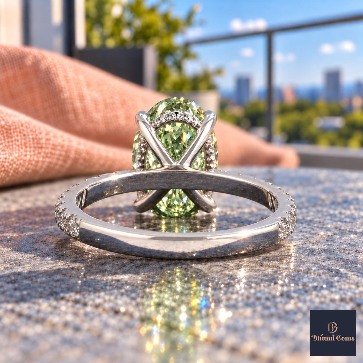 Green Oval Cut Lab Grown Diamond Engagement Ring - Thin Pave Band in white gold, gallery view