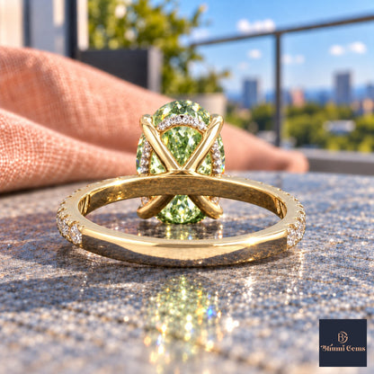 Green Oval Cut Lab Grown Diamond Engagement Ring - Thin Pave Band in yellow gold, gallery view