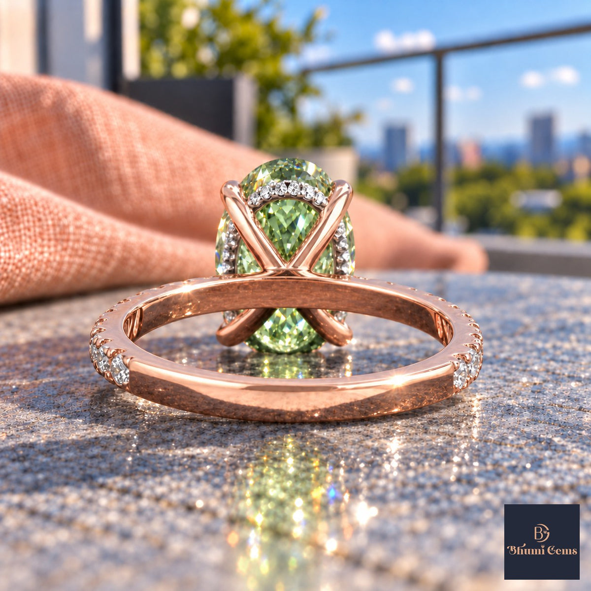 Green Oval Cut Lab Grown Diamond Engagement Ring - Thin Pave Band in rose gold, gallery view