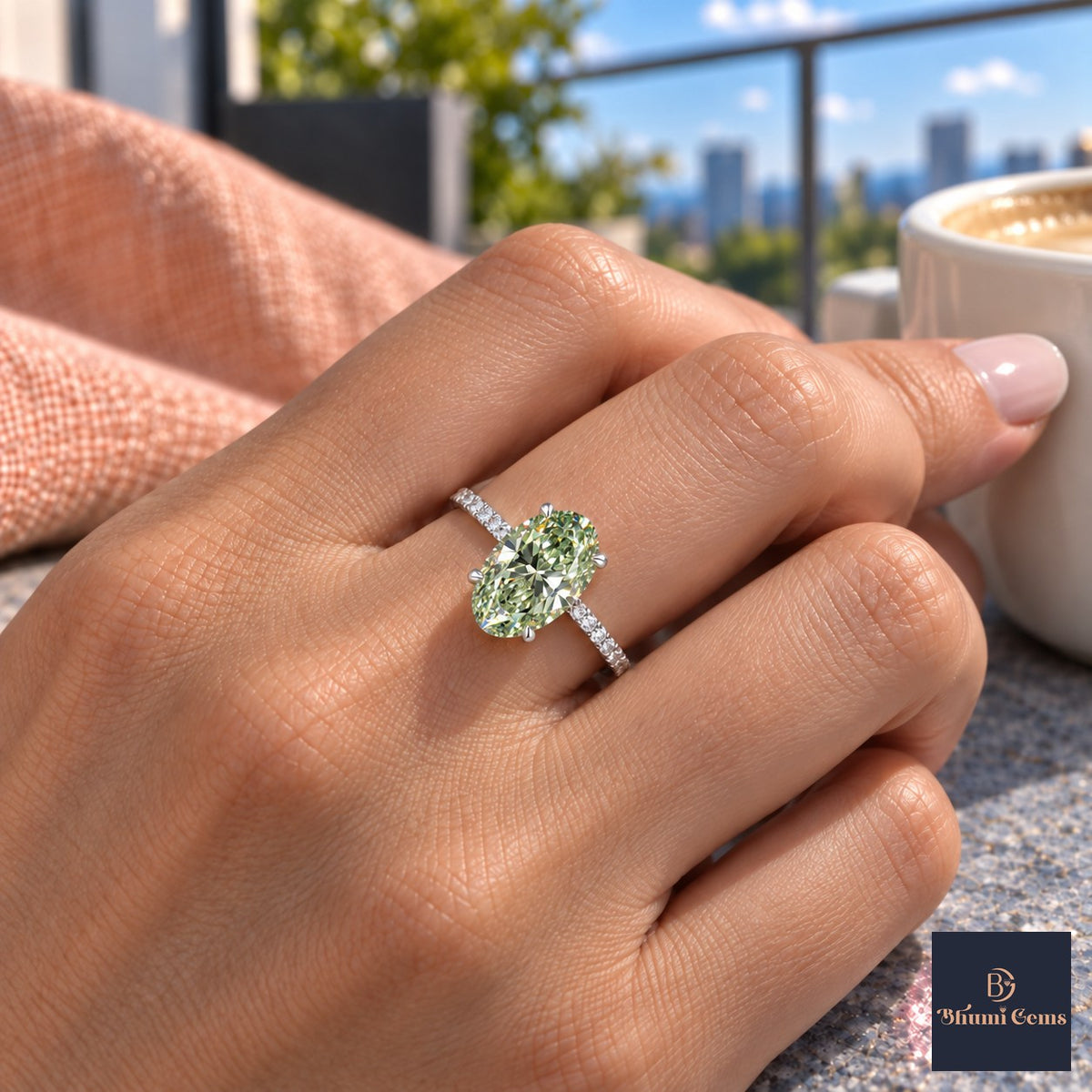 Green Oval Cut Lab Grown Diamond Engagement Ring - Thin Pave Band in white gold, on the hand