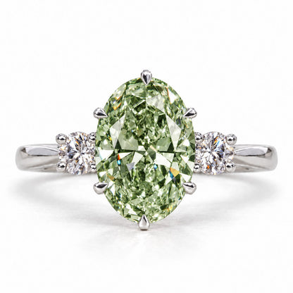 Green Oval Cut Lab Grown Diamond Engagement Ring - Three Stone in white gold, front view