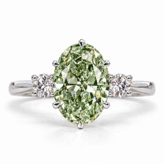Green Oval Cut Lab Grown Diamond Engagement Ring - Three Stone in white gold, front view