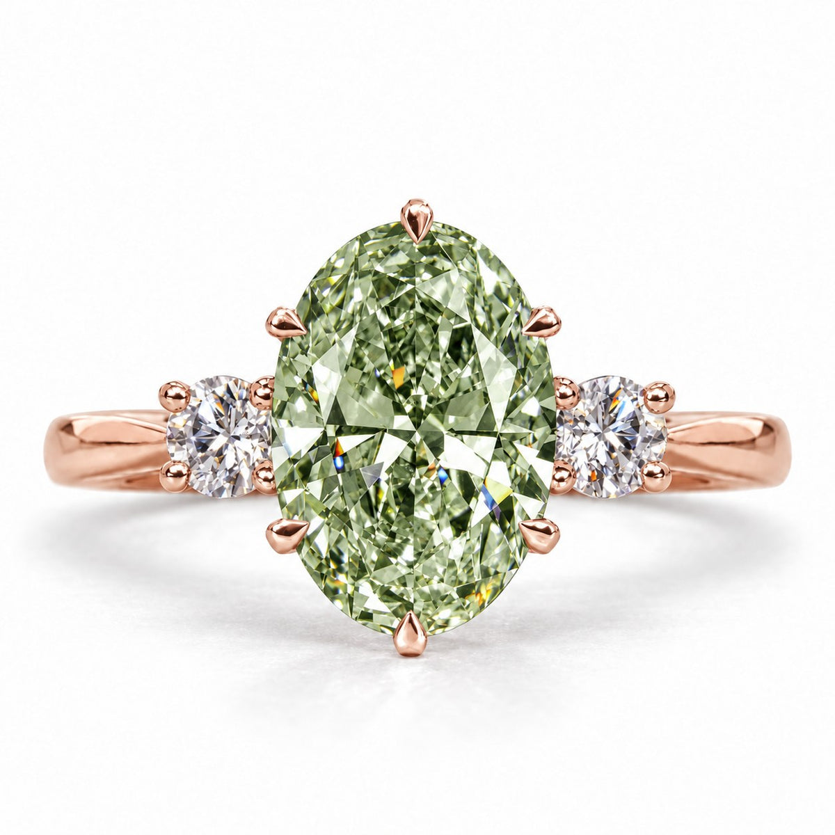 Green Oval Cut Lab Grown Diamond Engagement Ring - Three Stone in rose gold, front view