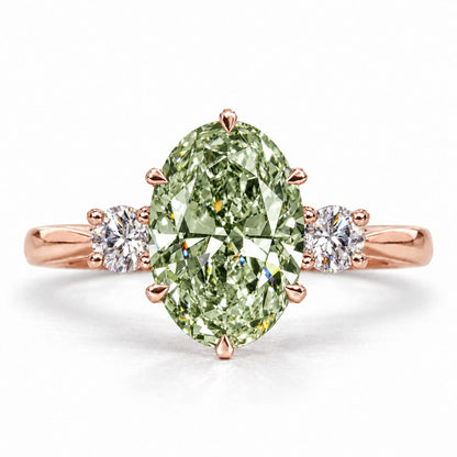 Green Oval Cut Lab Grown Diamond Engagement Ring - Three Stone in rose gold, front view