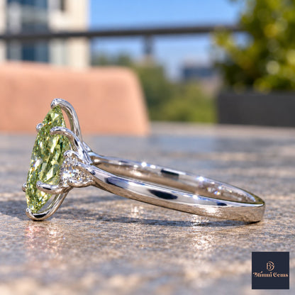 Green Oval Cut Lab Grown Diamond Engagement Ring - Three Stone in white gold, side view