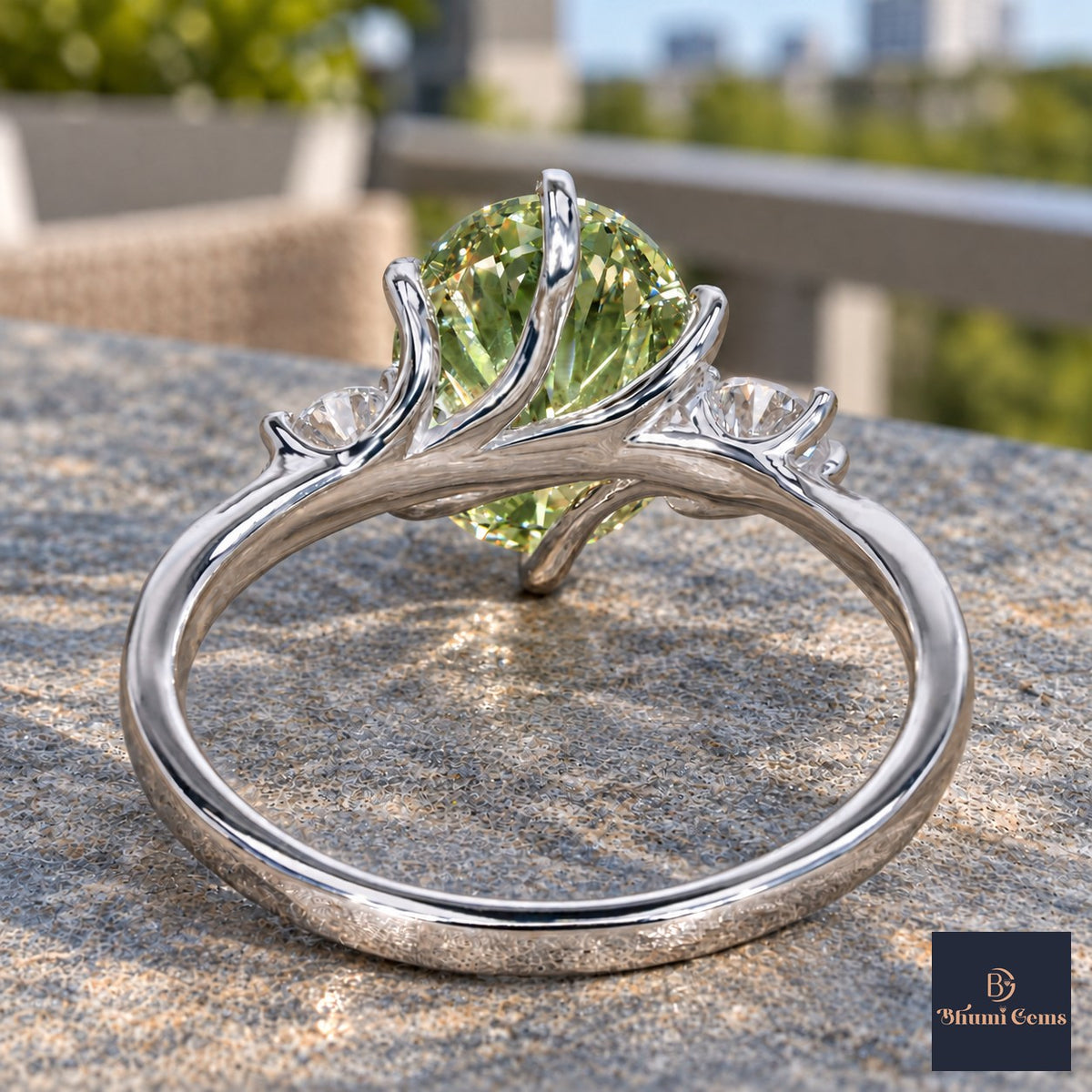 Green Oval Cut Lab Grown Diamond Engagement Ring - Three Stone in white gold, gallery view