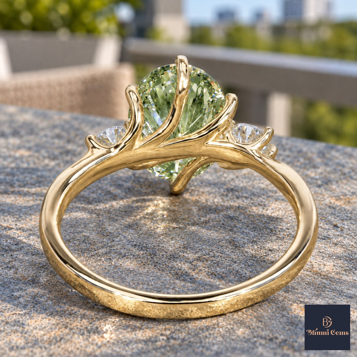 Green Oval Cut Lab Grown Diamond Engagement Ring - Three Stone in yellow gold, gallery view