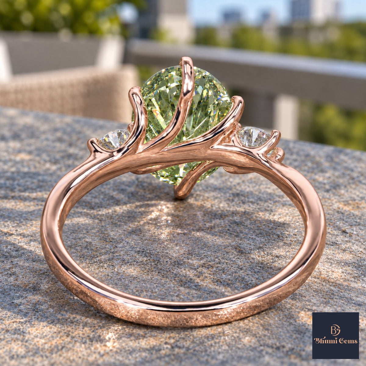 Green Oval Cut Lab Grown Diamond Engagement Ring - Three Stone in rose gold, gallery view