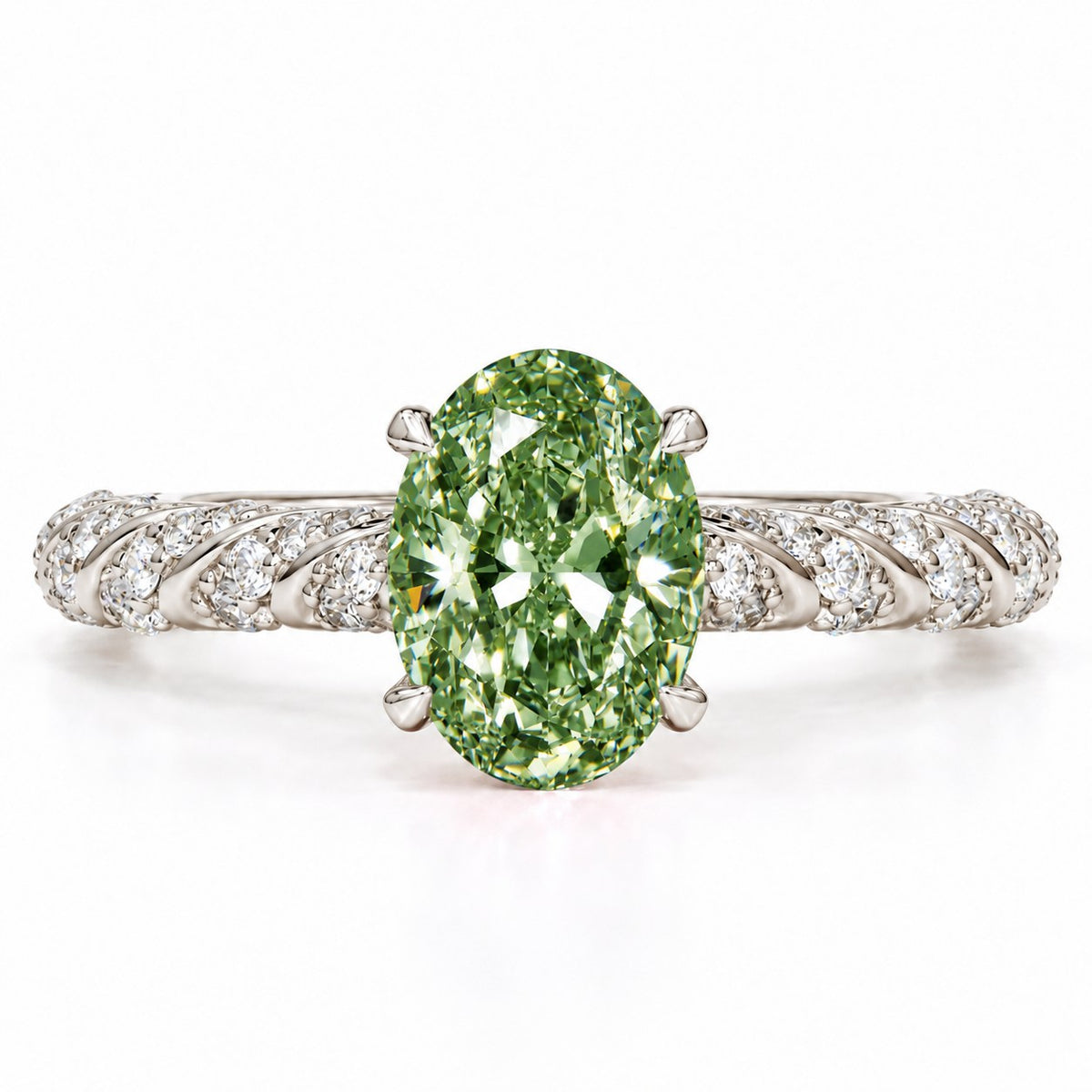 Green Oval Cut Lab Grown Diamond Engagement Ring - Twisted Rope Band in white gold, front view