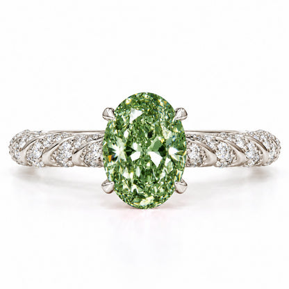 Green Oval Cut Lab Grown Diamond Engagement Ring - Twisted Rope Band in white gold, front view
