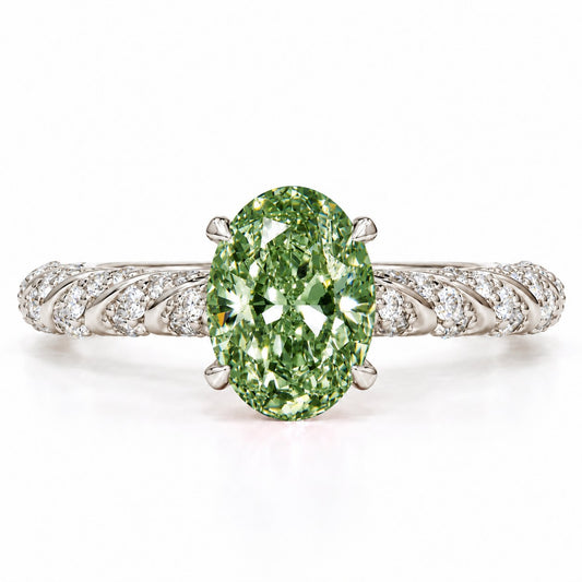 Green Oval Cut Lab Grown Diamond Engagement Ring - Twisted Rope Band in white gold, front view