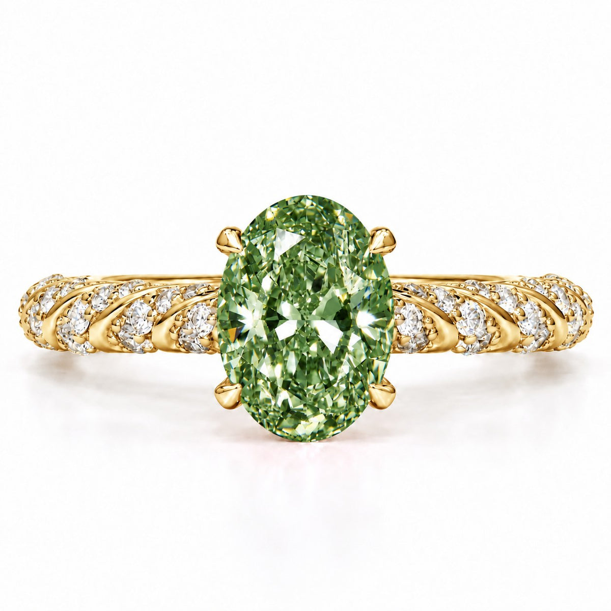 Green Oval Cut Lab Grown Diamond Engagement Ring - Twisted Rope Band in yellow gold, front view
