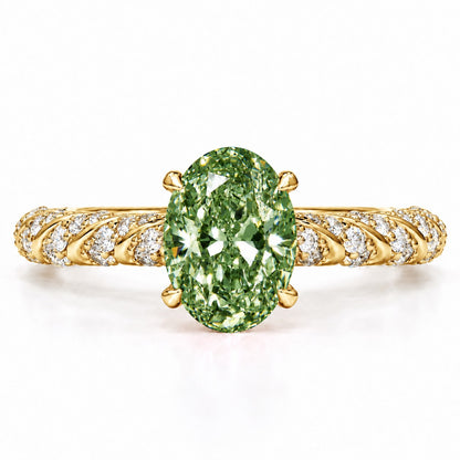 Green Oval Cut Lab Grown Diamond Engagement Ring - Twisted Rope Band in yellow gold, front view