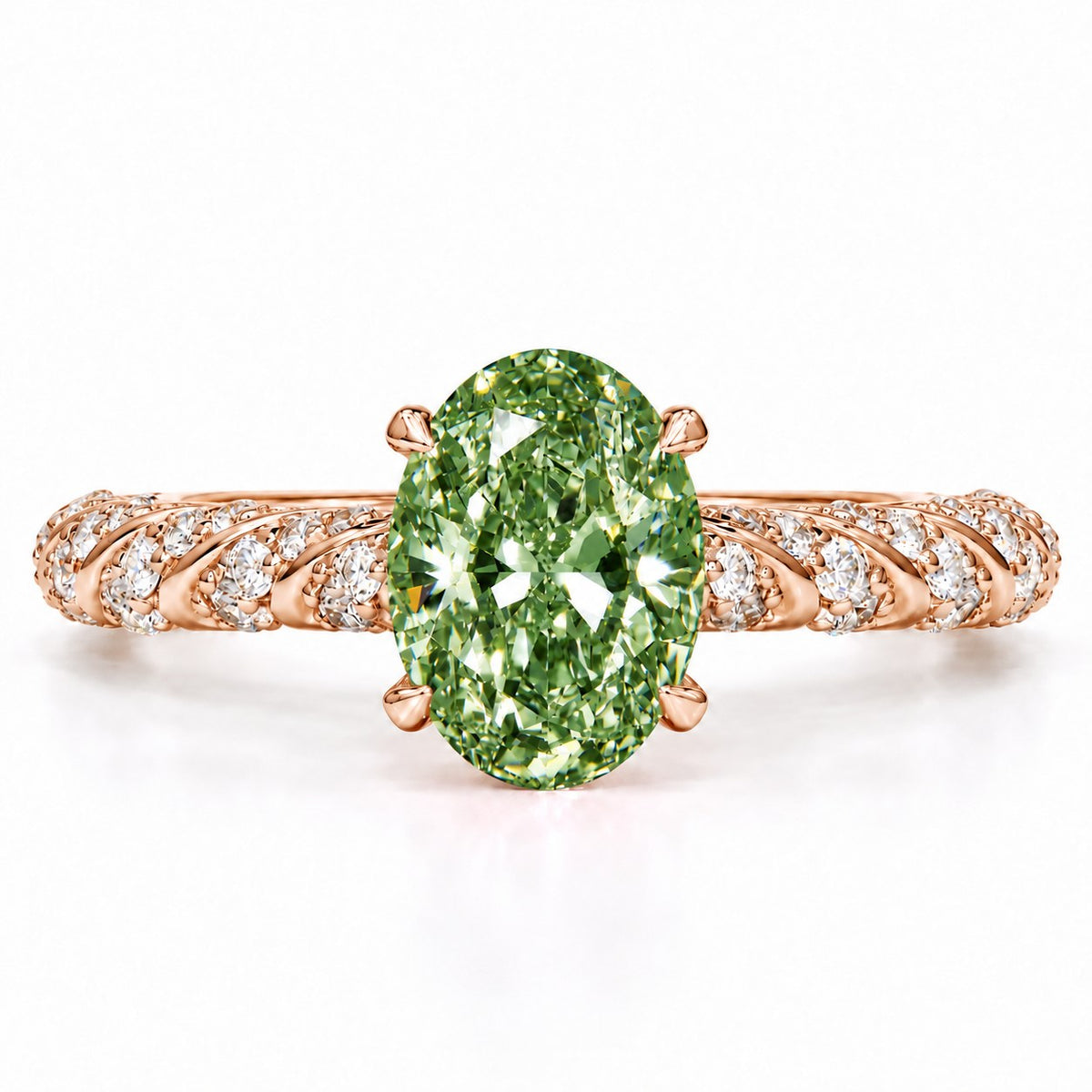 Green Oval Cut Lab Grown Diamond Engagement Ring - Twisted Rope Band in rose gold, front view