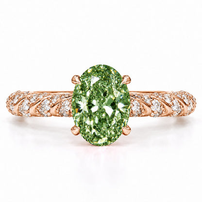Green Oval Cut Lab Grown Diamond Engagement Ring - Twisted Rope Band in rose gold, front view