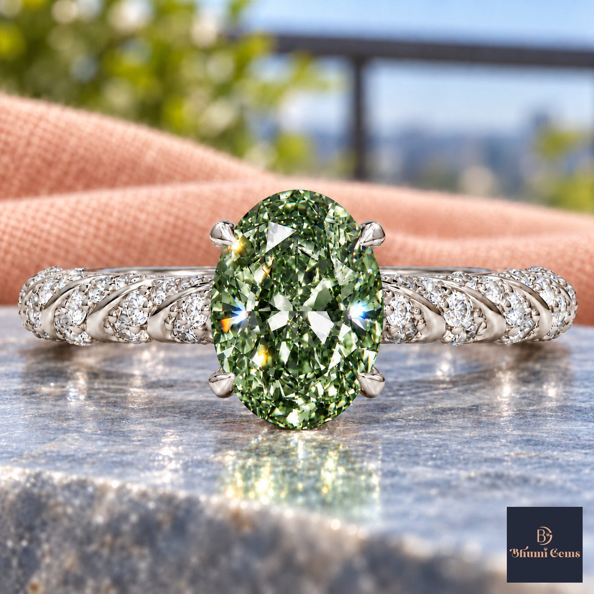 Green Oval Cut Lab Grown Diamond Engagement Ring - Twisted Rope Band in white gold, close-up