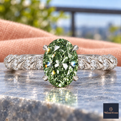 Green Oval Cut Lab Grown Diamond Engagement Ring - Twisted Rope Band in white gold, close-up