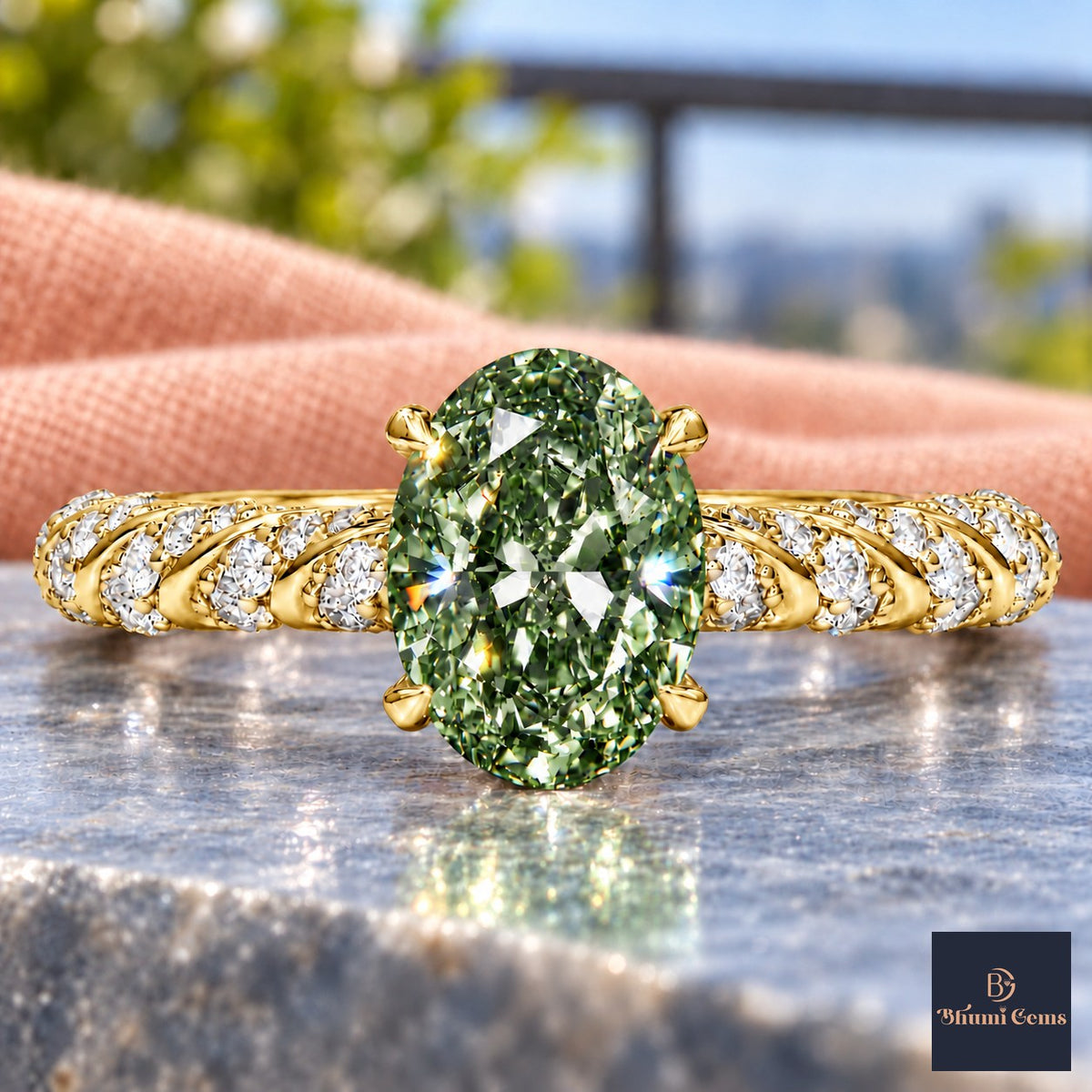 Green Oval Cut Lab Grown Diamond Engagement Ring - Twisted Rope Band in yellow gold, close-up