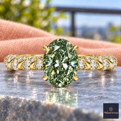 Green Oval Cut Lab Grown Diamond Engagement Ring - Twisted Rope Band in yellow gold, close-up