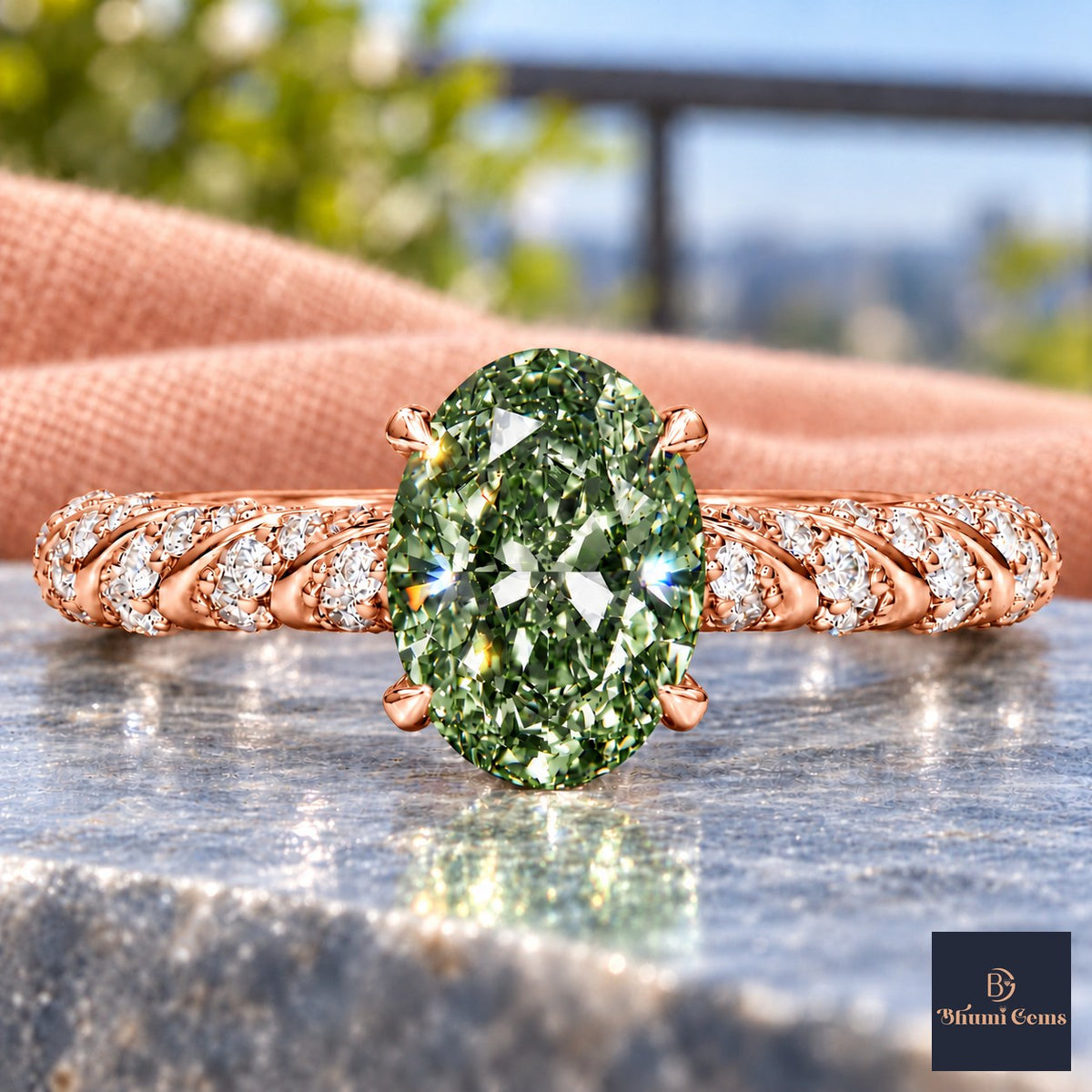 Green Oval Cut Lab Grown Diamond Engagement Ring - Twisted Rope Band in rose gold, close-up