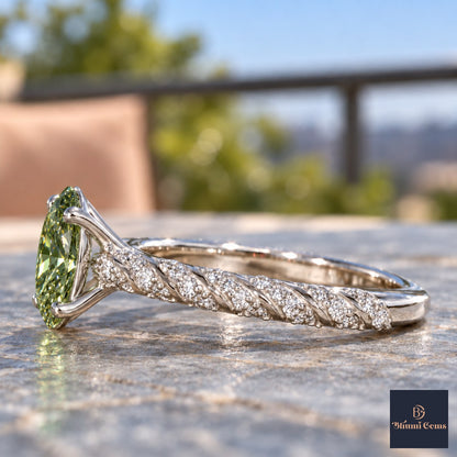Green Oval Cut Lab Grown Diamond Engagement Ring - Twisted Rope Band in white gold, side view