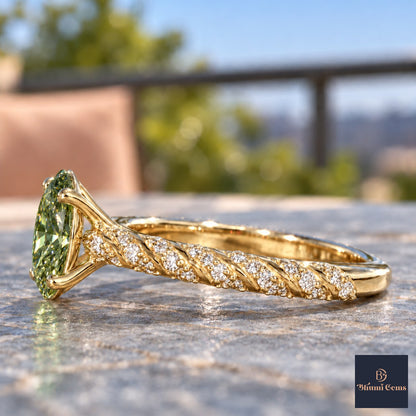Green Oval Cut Lab Grown Diamond Engagement Ring - Twisted Rope Band in yellow gold, side view