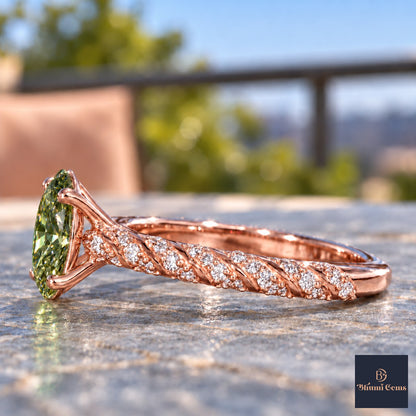 Green Oval Cut Lab Grown Diamond Engagement Ring - Twisted Rope Band in rose gold, side view