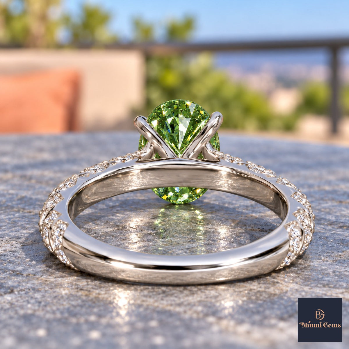 Green Oval Cut Lab Grown Diamond Engagement Ring - Twisted Rope Band in white gold, gallery view