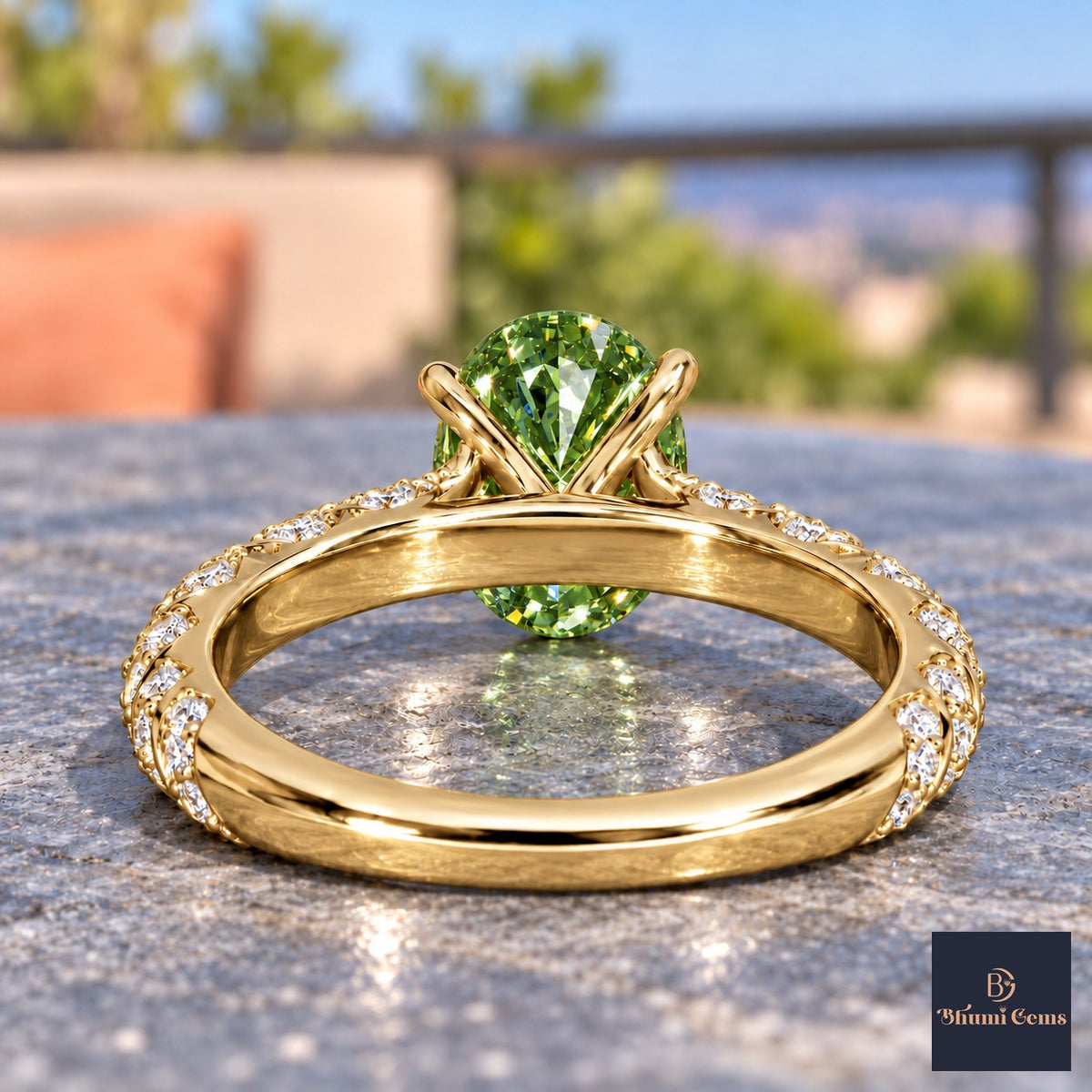 Green Oval Cut Lab Grown Diamond Engagement Ring - Twisted Rope Band in yellow gold, gallery view