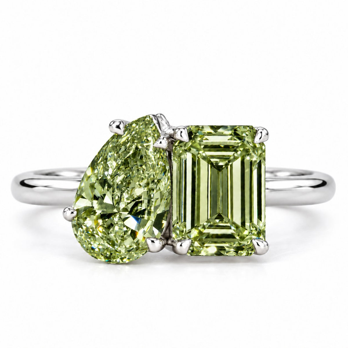 Green Pear and Emerald Cut Lab Grown Diamond Engagement Ring - Toi et Moi in white gold, front view