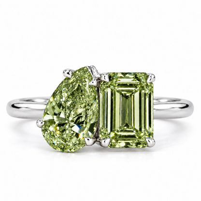 Green Pear and Emerald Cut Lab Grown Diamond Engagement Ring - Toi et Moi in white gold, front view