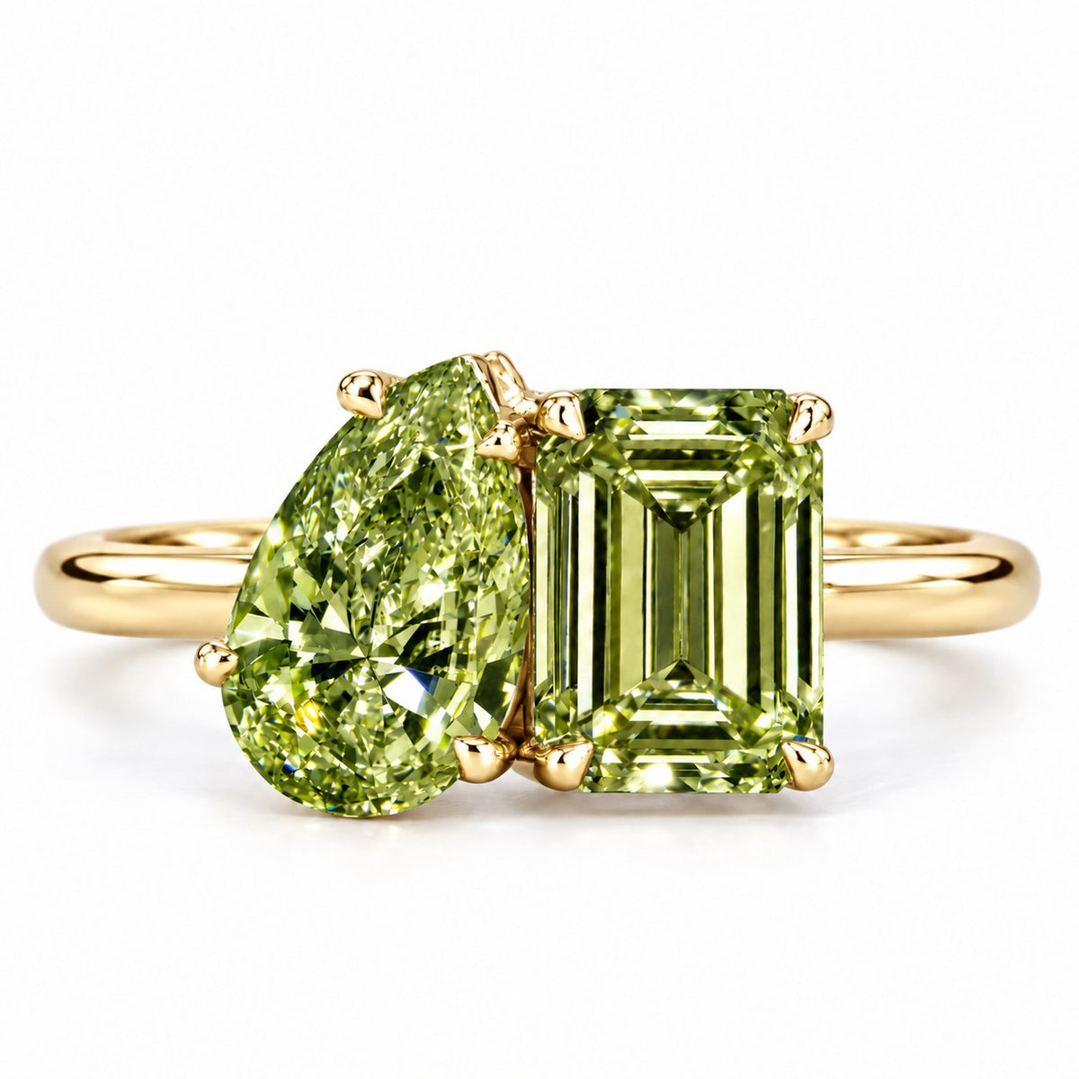 Green Pear and Emerald Cut Lab Grown Diamond Engagement Ring - Toi et Moi in yellow gold, front view