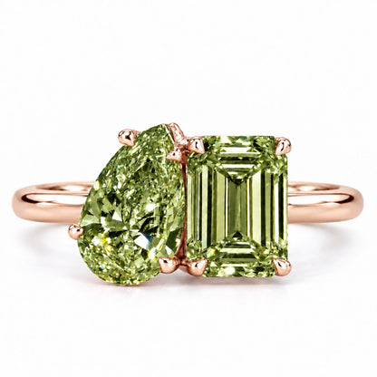 Green Pear and Emerald Cut Lab Grown Diamond Engagement Ring - Toi et Moi in rose gold, front view