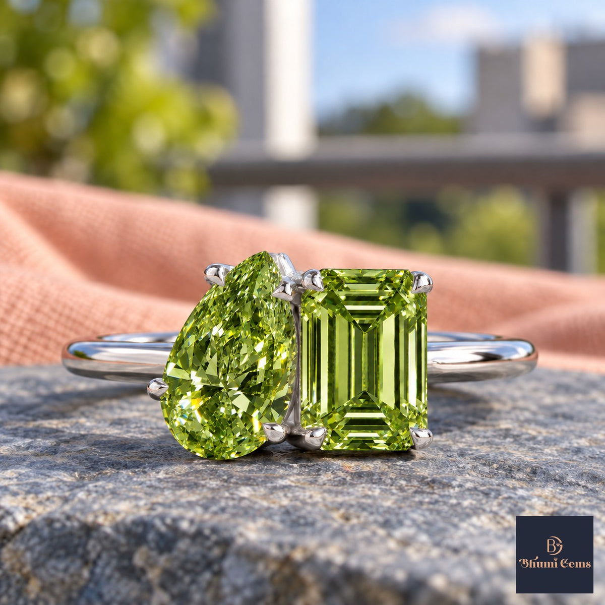 Green Pear and Emerald Cut Lab Grown Diamond Engagement Ring - Toi et Moi in white gold, close-up
