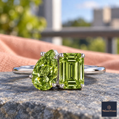 Green Pear and Emerald Cut Lab Grown Diamond Engagement Ring - Toi et Moi in white gold, close-up