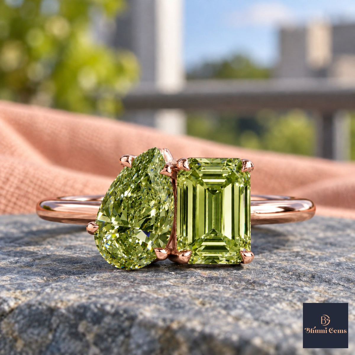 Green Pear and Emerald Cut Lab Grown Diamond Engagement Ring - Toi et Moi in rose gold, close-up