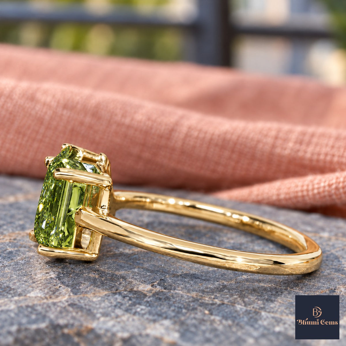 Green Pear and Emerald Cut Lab Grown Diamond Engagement Ring - Toi et Moi in yellow gold, side view